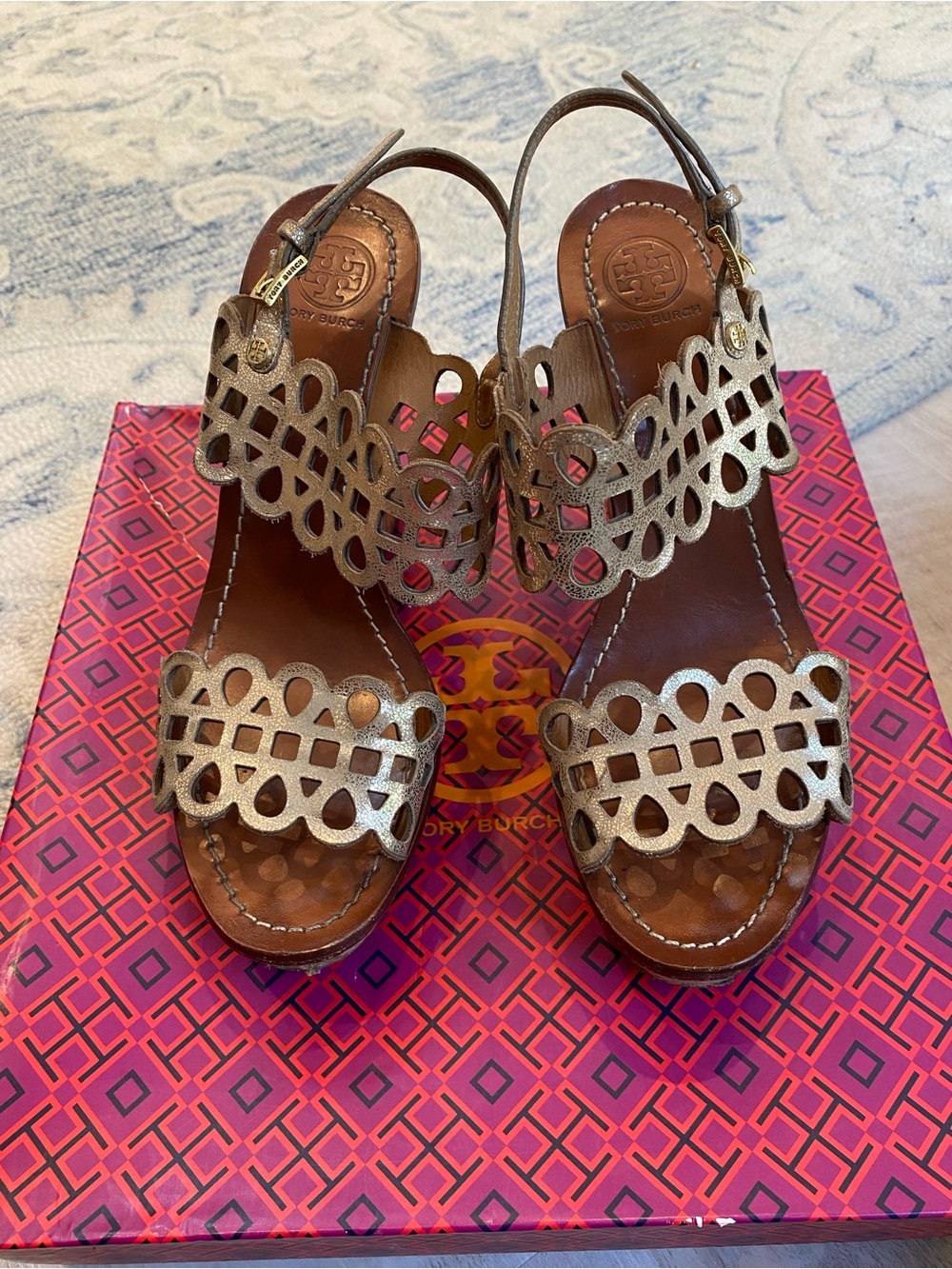 Tory Burch Metallic Gold Laser-Cut Scallop Wedge Sandals